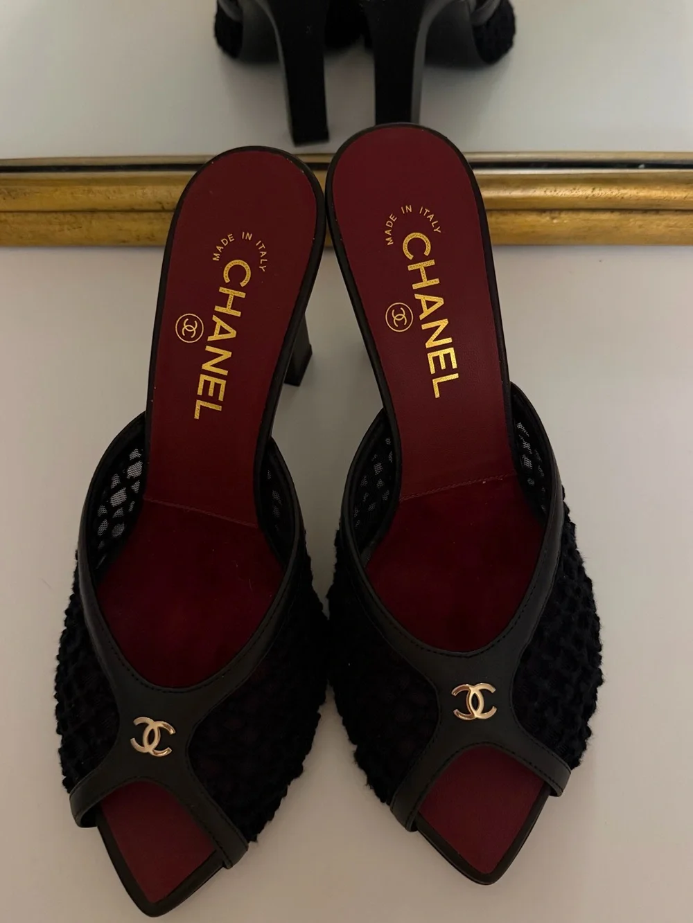 CHANEL Black Mesh Open-Toe Block Heel Mules with Burgundy Insole